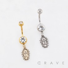 DANGLING COFFIN CHARM WITH AN EMBOSSED CROSS BELLY BUTTON NAVEL RING 316L SURGICAL STEEL
